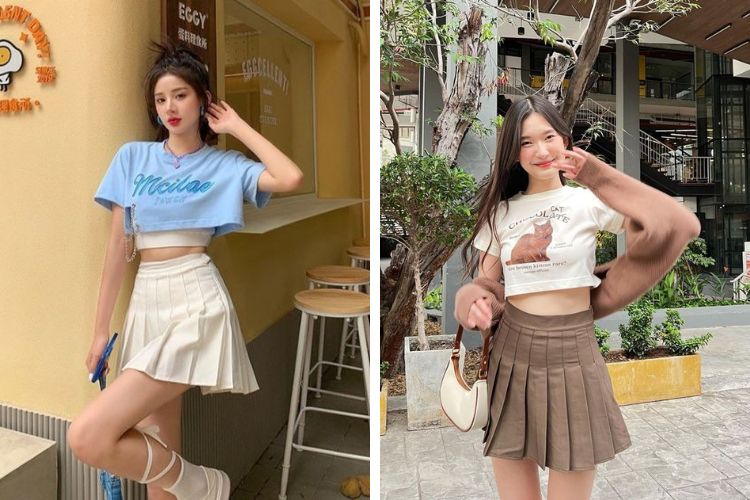 cách phối đồ với chân váy xếp ly ngắn